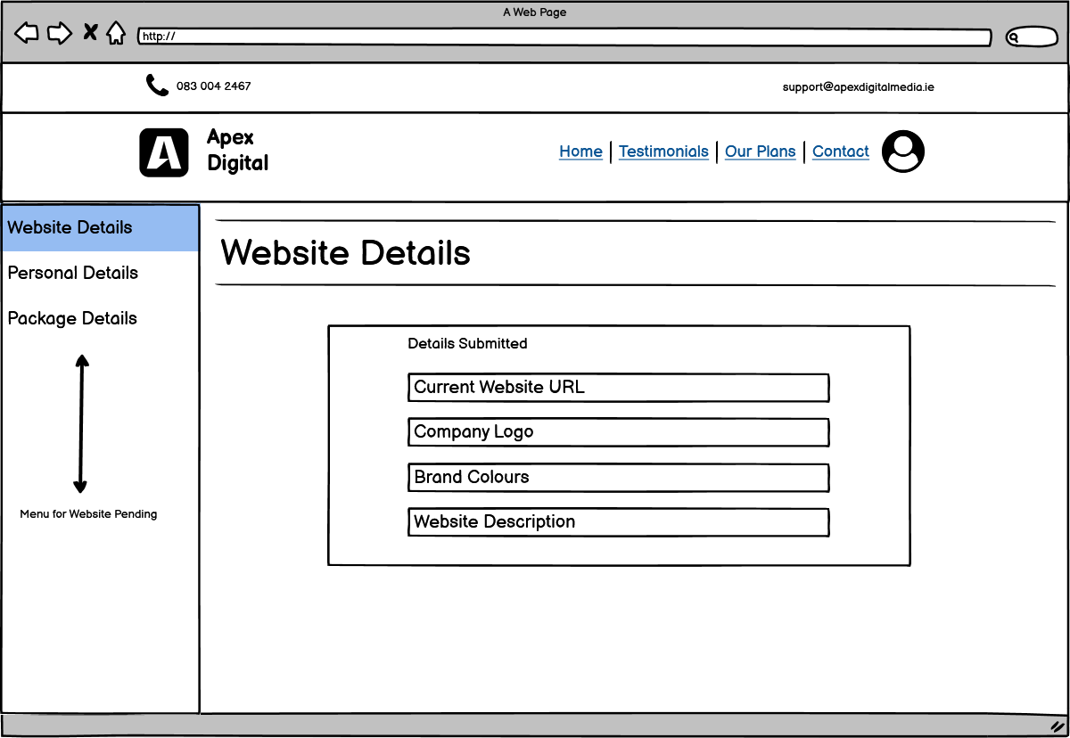 wireframe of pending website details wireframe